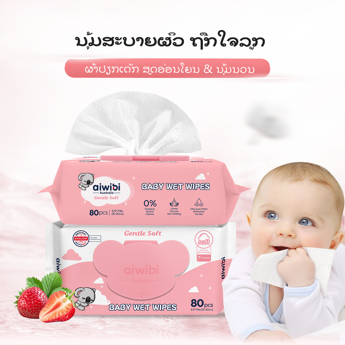 ຜ້າເຊັດເດັກ ກິ່ນສະຕໍເບີຣີ 1 ຊຸດ ຈຳນວນ 80 ຕ່ອນ